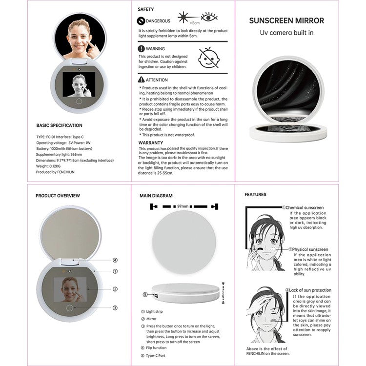 Smart Makeup Mirror Built-in UV Camera for Sunscreen Test - S&N Gadgets