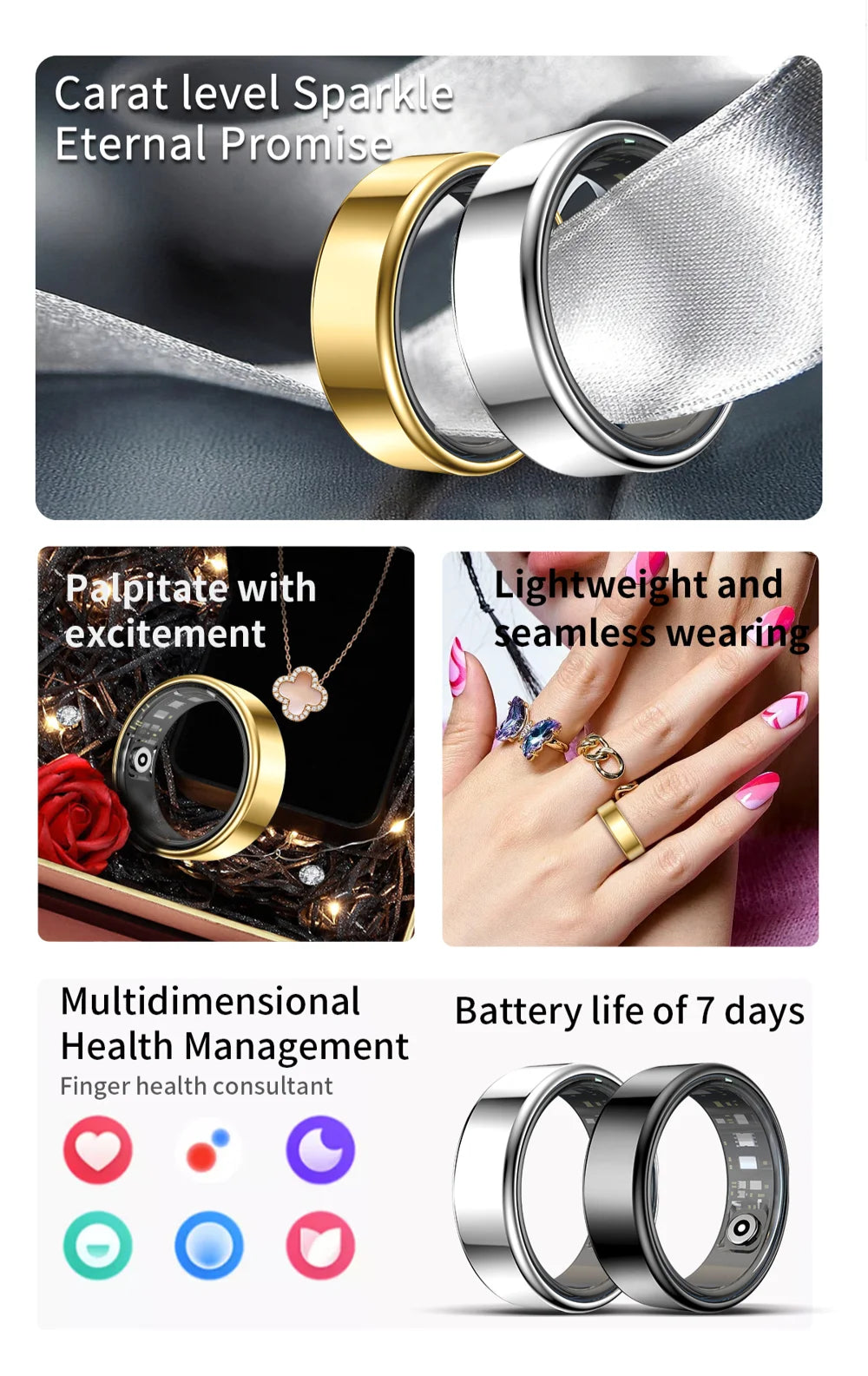 Magnetic Charging Smart Ring with Heart Rate, Blood Oxygen, Sleep Monitoring - S&N Gadgets